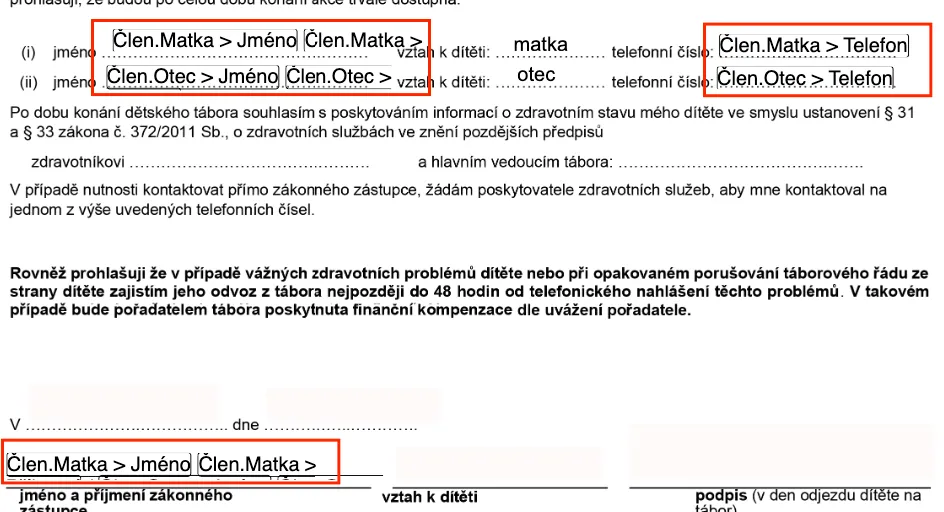 Část prohlášení s červeně orámovanými poli pro jméno a telefon matky a otce a jméno zákonného zástupce
