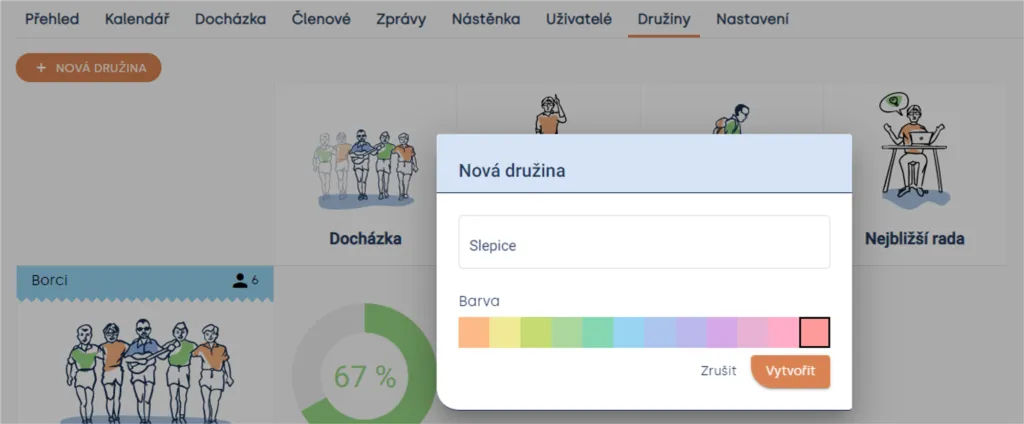 Okno „Nová družina“ s polem pro název, výběrem barvy z palety a tlačítkem „Vytvořit“