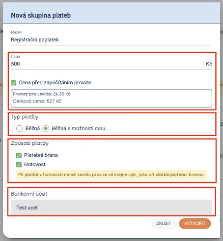 Formulář „Nová skupina plateb“ s cenou, typem „Běžná s možností daru“, způsoby platby a bankovním účtem
