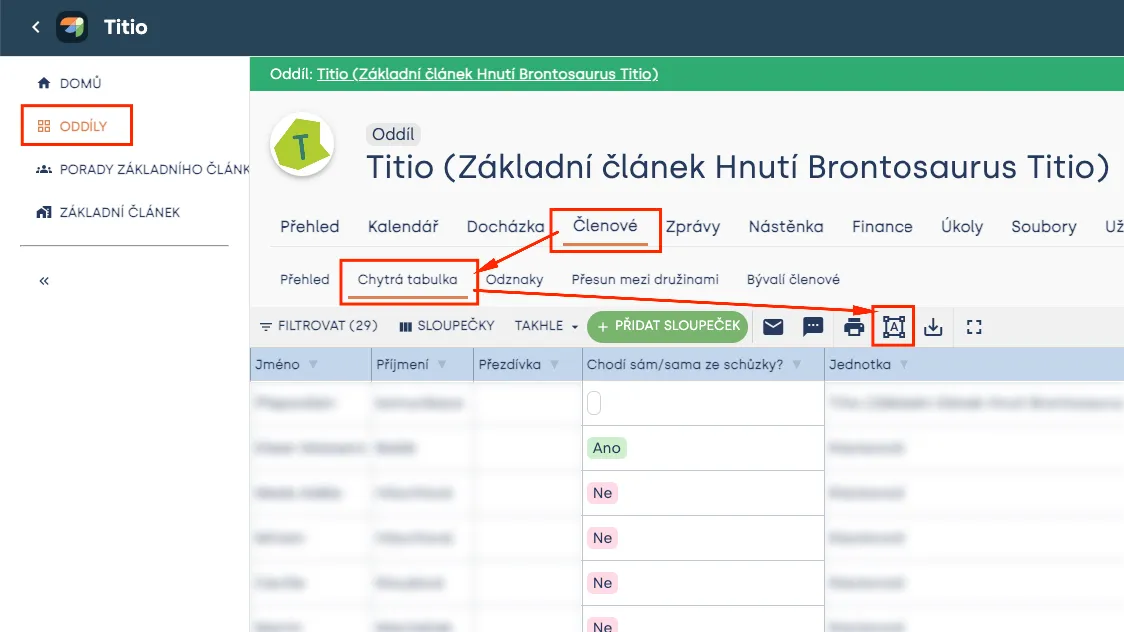 Cesta Oddíly → Členové → Chytrá tabulka se zvýrazněnou ikonou tiskových šablon v liště nástrojů tabulky
