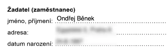 Část dokumentu „Žadatel (zaměstnanec)“ s již doplněným jménem, adresou a datem narození člena