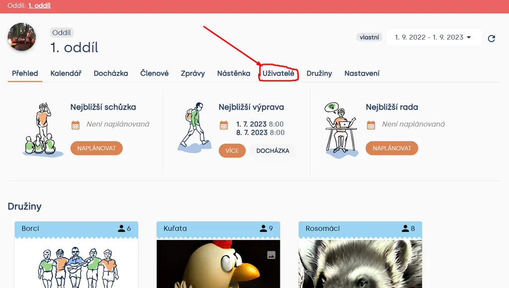Přehled oddílu „1. oddíl“ se zakroužkovanou záložkou „Uživatelé“