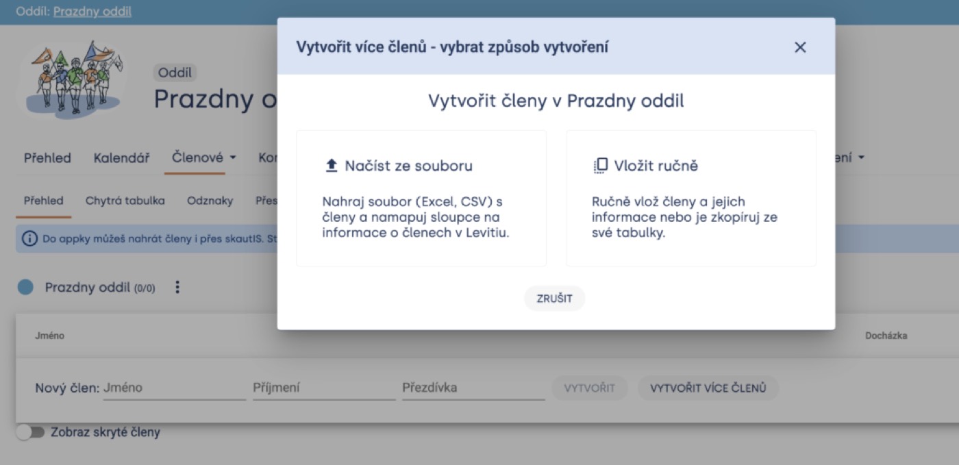 Hromadné vytvoření členů v přehledu členů