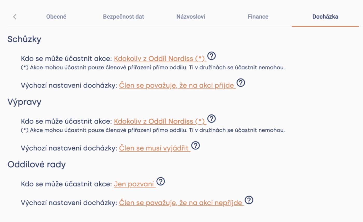 Nastavení docházky podle typu akce